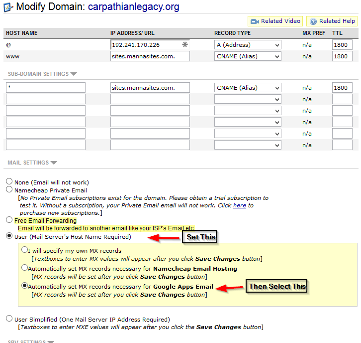 Select User email records, then set Google Apps Email underneath that.
