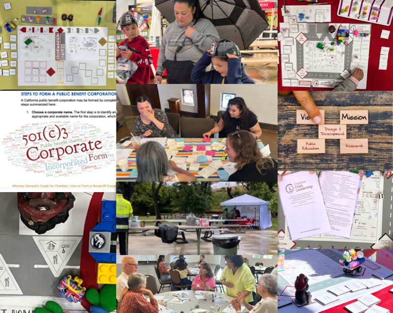 Collage of images showing people playing games, along with a variety of documents