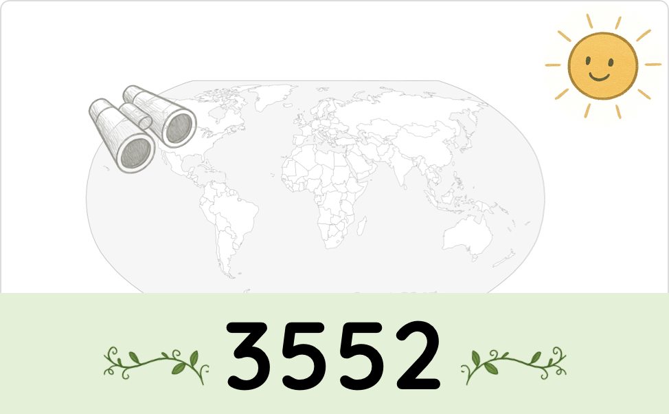 Binoculars looking at a map of earth and the number 3552