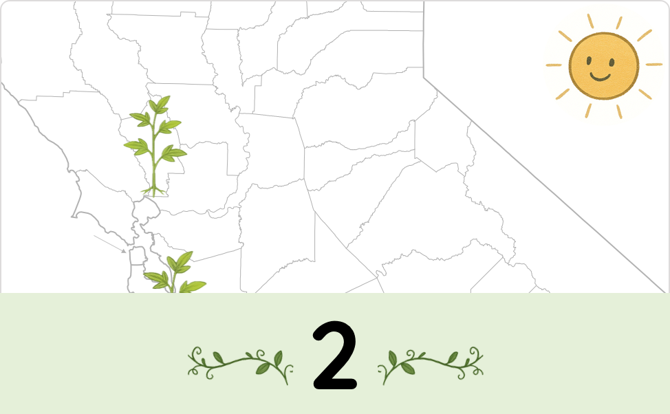 Two plants rooted in Napa and Santa Cruz California and the number 2