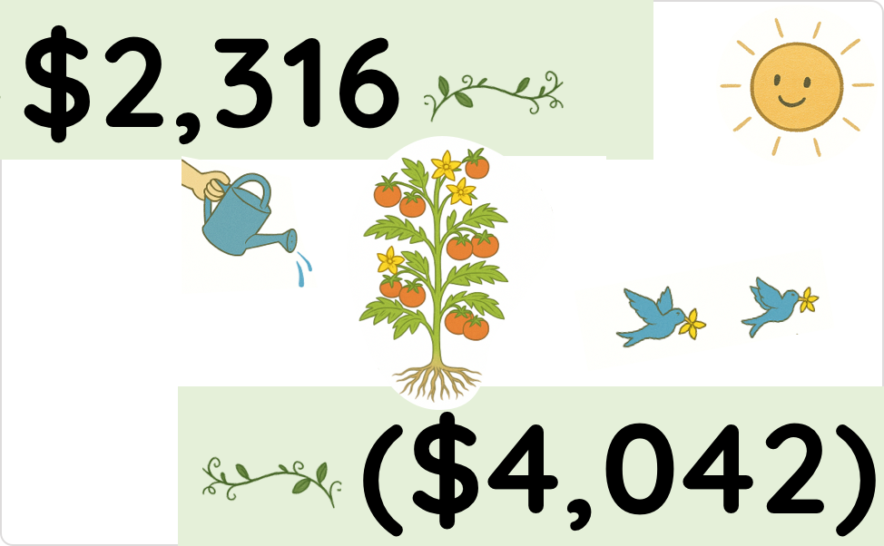 A tomato plant being watered on the left with the number $2316, and birds flying away with its flowers on the right, with the number -$4042