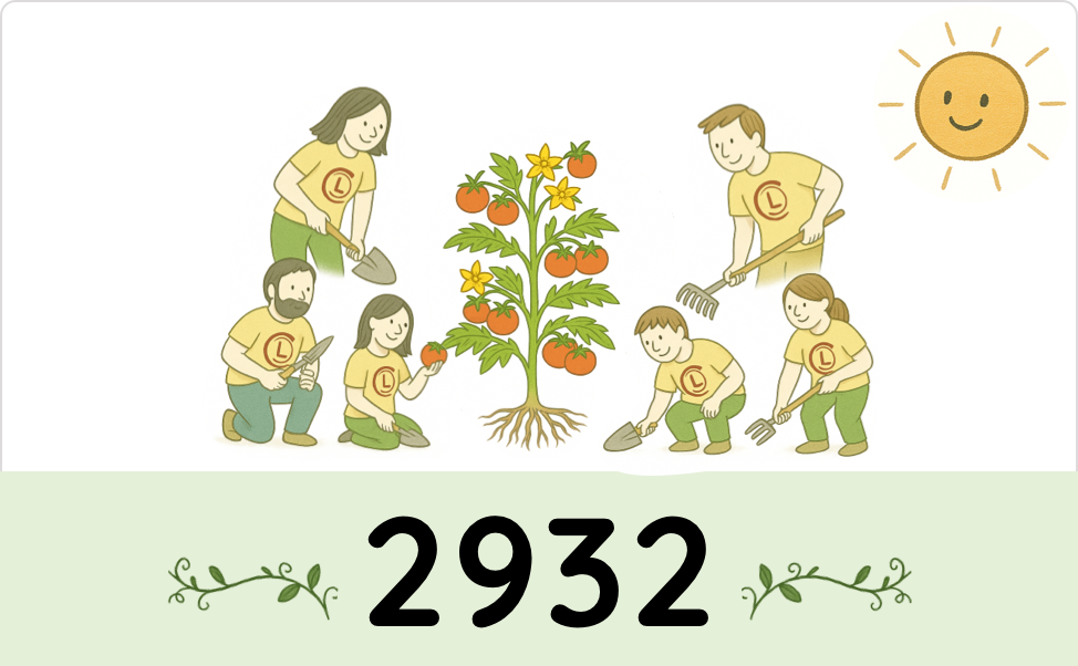 A group of people wearing t-shirts with the CCL logo tending to a plant with ripe tomatoes, and the number 2932