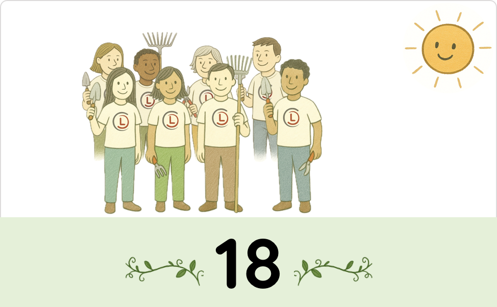 A group of people holding gardening tools, wearing t-shirts with the CCL logo, and the number 18