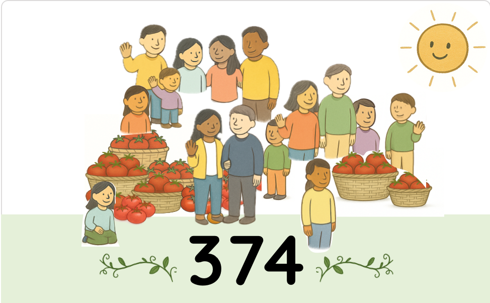 People waving and smiling standing by baskets full of tomatoes and the number 374