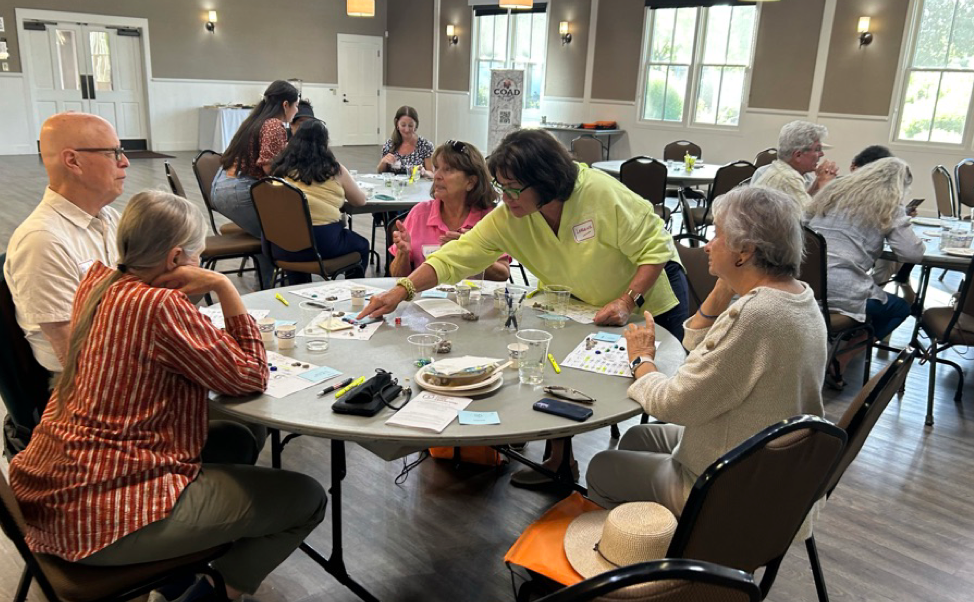 Groups of people sitting at round tables in a community hall, point at papers and cards at the table, and engaging in lively discussions.