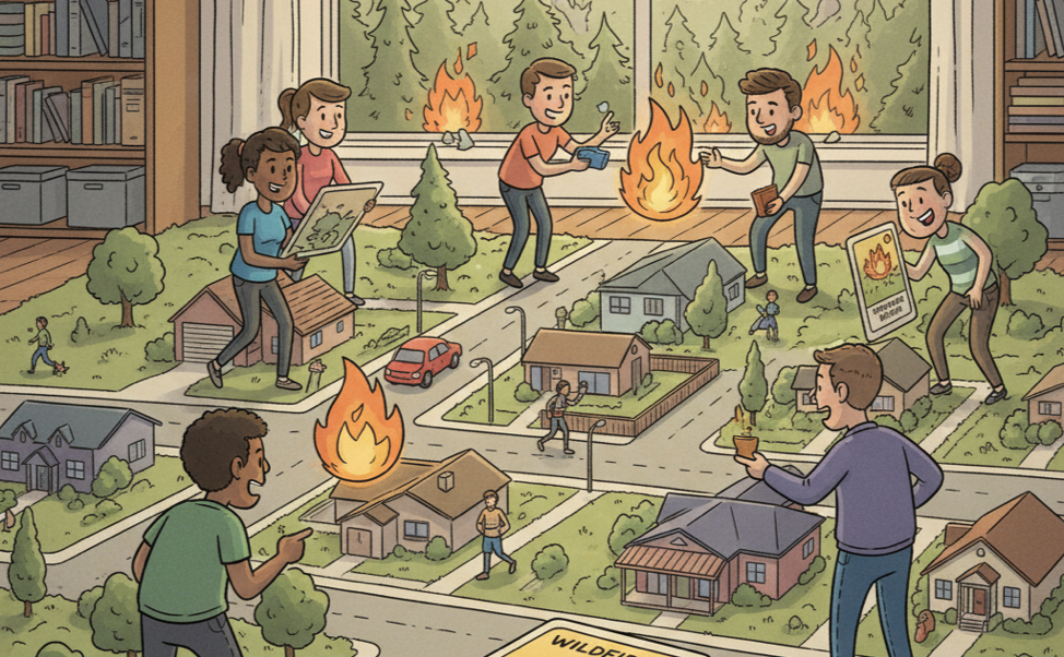Cartoon-like image of young people manipulating a miniature "neighborhood" placing stylized flames, and a deck of cards reading "wildfire event"