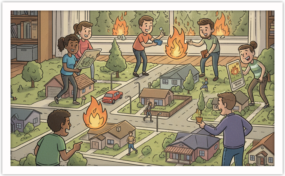 Cartoon-like image of young people manipulating a miniature "neighborhood" placing stylized flames, and a deck of cards reading "wildfire event"
