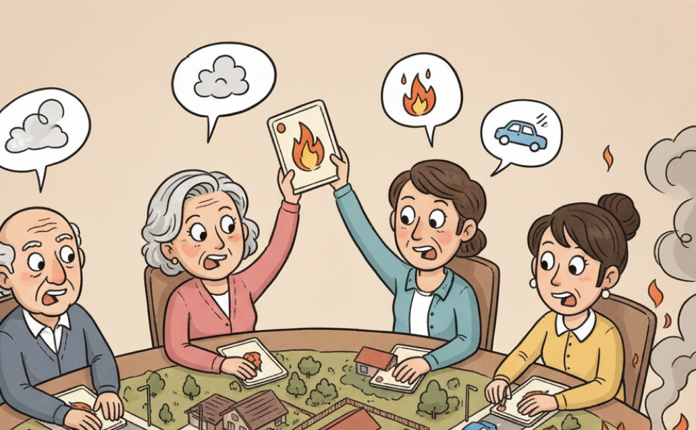 Cartoon-like image of two people playing a card game with speech bubbles containing images of smoke, fire, and cars