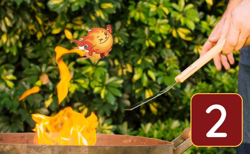 An outdoor BBQ with a cartoon ember happily flying off.