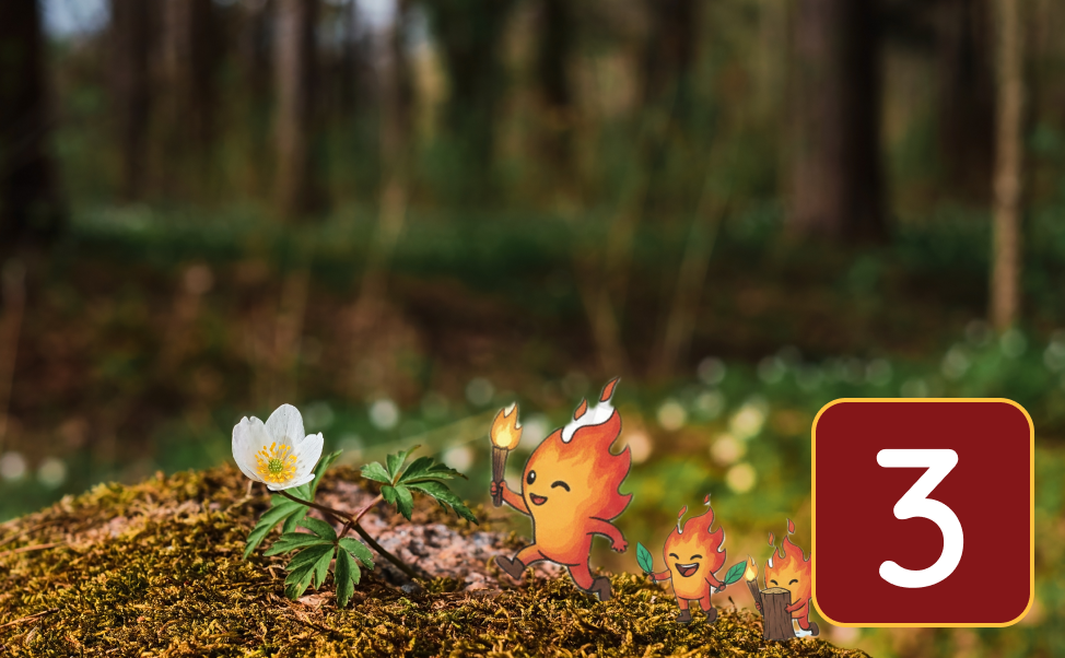Cartoon fire sprites sneaking up on a white spring flower on moss-covered mound against a backdrop of northern pine trees.