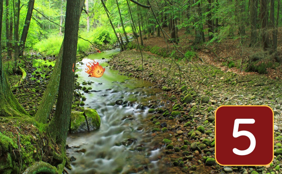 A beautiful mountain stream with a little fire sprite going for a swim.