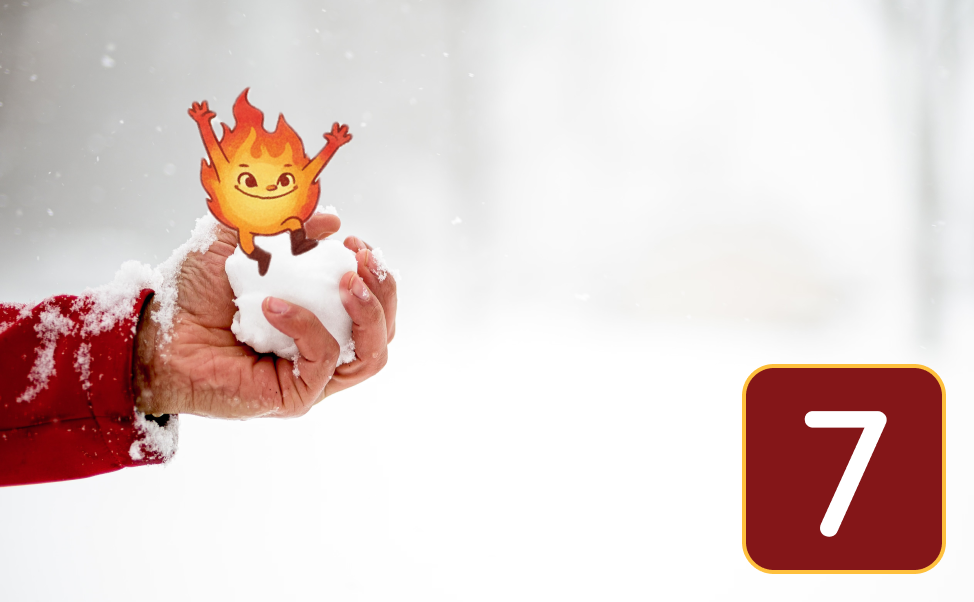 Jacket clad arm and hand holding out a snow ball with a fire sprite joyfully dancing on it.