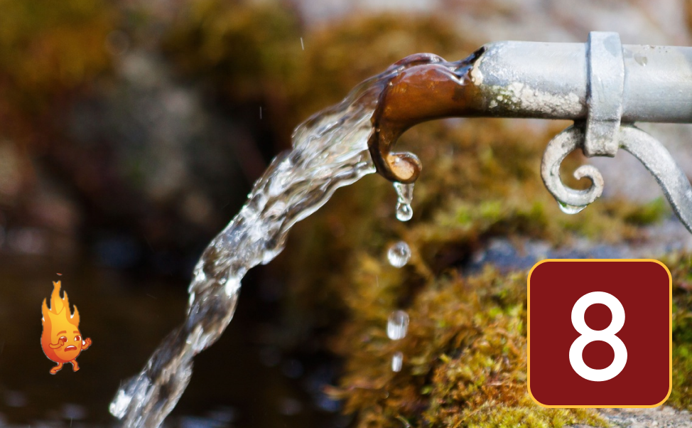 Clean looking water flows from an outdoor water pipe. But, a little fire sprite looks on with concern, suggesting the water may not be so clean.